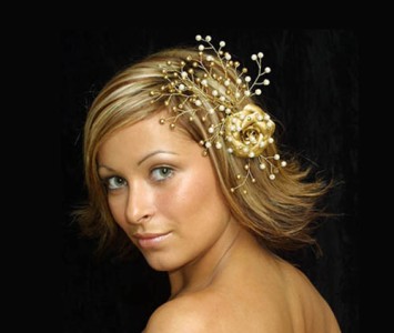Headpiece - Style Sally - Gold rose with incrusted pearl and gold hand painted beads.
