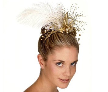 Tiara - style - Grace - Gold & ivory pearl beads with large ivory feather & gold leaf spray.