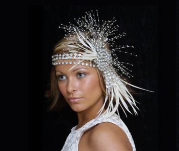 Headpiece - style Latissa - Large diamanté crystals with silver spray & ivory feathers.